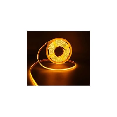 V-Tac ravfarvet COB LED strip, 5 meter lang, spolt op og viser den ensartede ravgule glød på mørk baggrund.