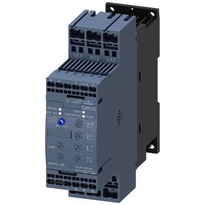 Siemens SIRIUS softstarter S0, 32A, 18.5 kW, med fjederterminaler og tydeligt mærkede knapper samt indikatorer.
