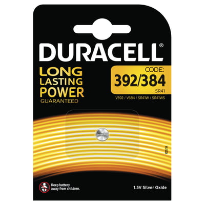 Duracell knapcellebatteri fra Celltech på sort og gul emballage med koden 392/384 og en sølvfarvet celle.