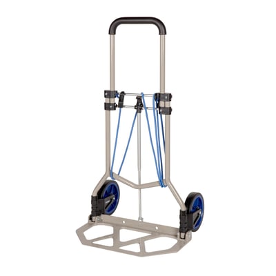 Irimo foldbar sækkevogn i grå stål med blå hjul og gummibånd, max 90 kg, isoleret på hvid baggrund.
