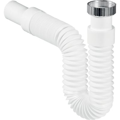 Geberit Care vandlås i hvid polypropylen med en bøjelig slange og metalgevind for tilslutning.