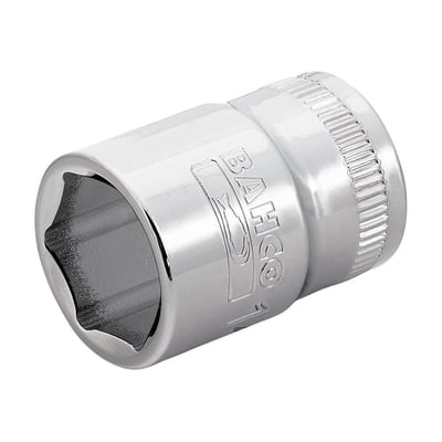Detalje af Bahco 3/8" topnøgle med 20 mm i et skråt perspektiv, viser logo og rulleteret overflade.