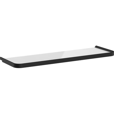 En enkelt Hansgrohe Xelu Q hylde i mat sort med en glasplade, klar til montering på badeværelset.