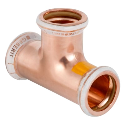 Geberit Mapress tee CUG, 54 mm, i skinnende kobber med tydelige muffe samlinger og hvide mærker.