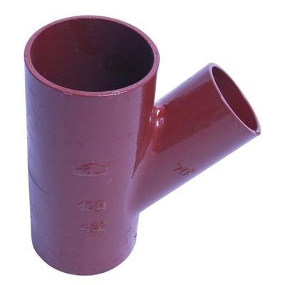 Rødt SML grenrør i støbejern, 80mm hovedrør og 50mm gren med 45 graders vinkel.