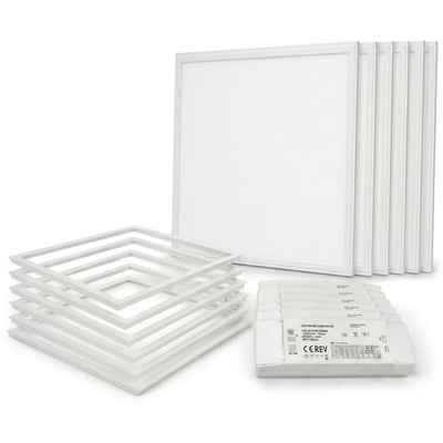V-TAC LED-panel til Troldtekt med ramme og fjeder, 595 x 595 mm, 36 W og 6500 K, vist med rammer og driver.