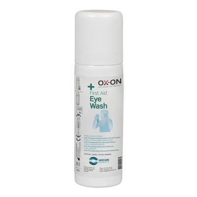 Bagside af OX-ON Eyespray Comfort 50 ml med CE-mærkning, indholdsdeklaration og producentinformation fra Safecare Nordic.
