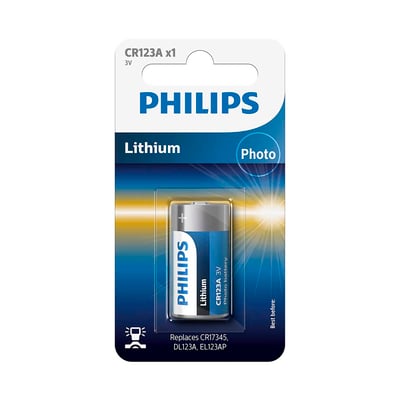 Philips CR123A lithium knapcellebatteri i blisterpakke med ét batteri, angivet som 3V og foto batteri.