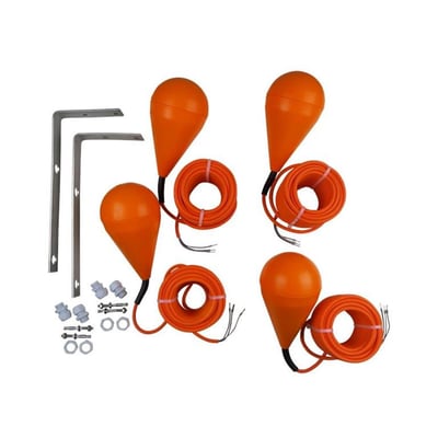 Komplet Grundfos niveauvippesæt med fire orange niveauvipper, fire bundter 10 meter kabel og monteringsbeslag.