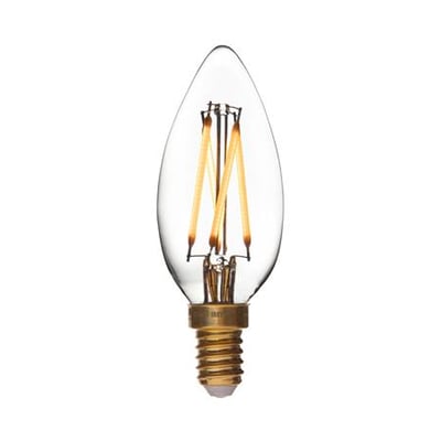 Klar DANLAMP LED-kertepære med E14-fatning og synlige varme LED-filamenter i den dråbeformede glaskolbe.