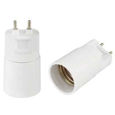 Hvid G12 til E27-adapter til 230 V, vist opret og liggende med G12-stifter og E27-fatning.