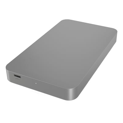 Gråt ICY BOX-kabinet til 2,5-tommers SATA-drev med USB 3.1 Type-C Gen 2-port, set skråt forfra.