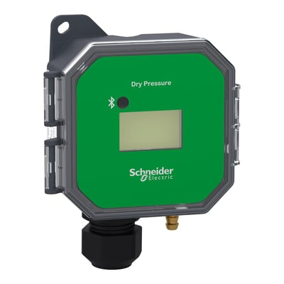 Schneider Electric SpaceLogic tryksensor med grønt frontpanel, LCD-display og synligt Schneider Electric logo på hvid baggrund.