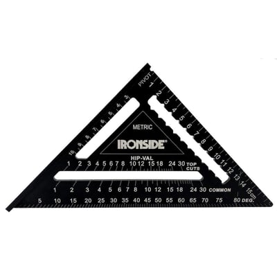 Ironside-vinkel i aluminium på 180 mm med trekantet form, sort overflade og tydelige målegradueringer.