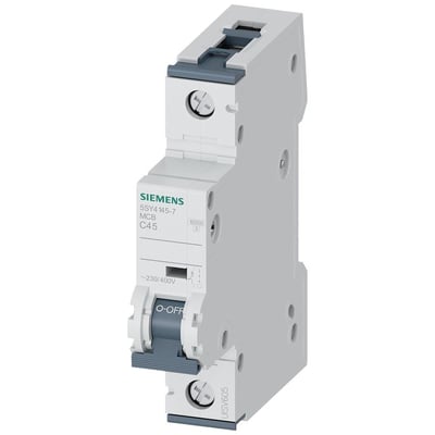 Siemens SENTRON 5SY automatsikring med 1 pol, C-kurve og 45A mærkestrøm, vist fra siden med tydelig angivelse af 'O-OFF' og 230/400V.