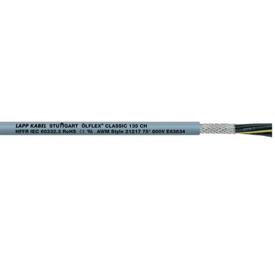 Olflex Classic 135 CH 4G16 kabel fra Lapp, vist med tekst der angiver 'Lapp Kabel Stuttgart ÖLFLEX Classic 135 CH HFFR IEC 60332.3 RoHS CEcUL AWM Style 21217 75° 600V E63634'.