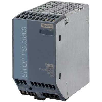 Siemens Sitop PSU3800 12 V/20 A stabiliseret strømforsyning med grå kabinet og metaldele, vist fra siden.