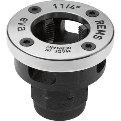 Rems EVA gevindskærehoved med 1 1/4" bakker, viser det præcise gevind og REMS logo på metalringen.