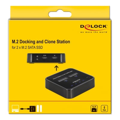 DeLock M.2 Docking and Clone Station til 2 x M.2 SATA SSD indkapslet i gul emballage med produktillustrationer.