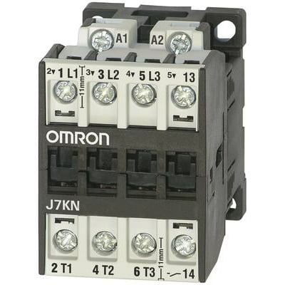 Omron J7KN-18D-10 kontaktor, 24 VAC, med mærkater A1, A2, 1, 3, 5, 13, 2, 4, 6 og 14 vist tydeligt.