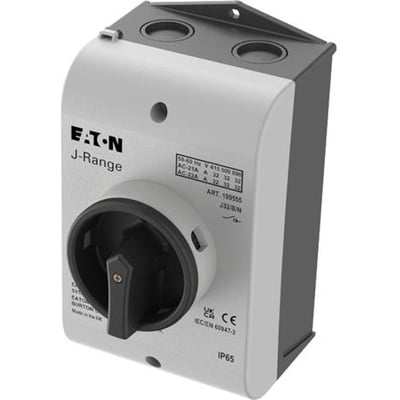 Eaton J-Range reparationsafbryder i IP65, 32A, 3-polet plus nul, med sort aflåseligt håndtag og grå-sort kabinet.