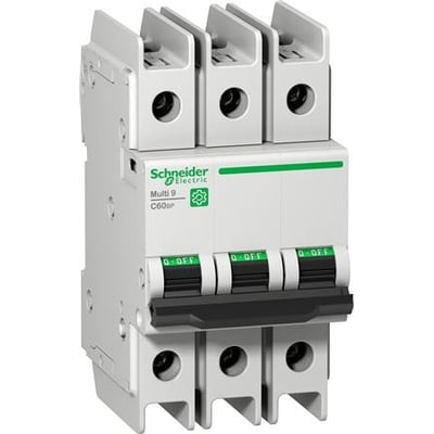 Schneider Electric C60BP automatsikring med tre poler og 1 A, vist forfra med tre sammenkoblede sorte betjeningsgreb.
