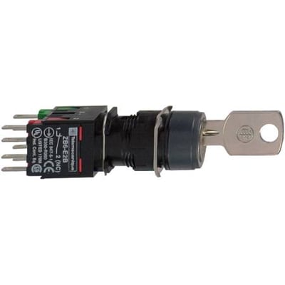 Schneider Electric nøgleafbryder Ø16 mm, model XB6AGC5B, med to nøglepositioner og indbyggede kontakter, set fra siden med loddeben.