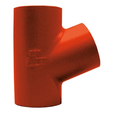 SML støbejernsgrenrør i orange farve med dimensionerne 100x70 mm og en vinkel på 70°.