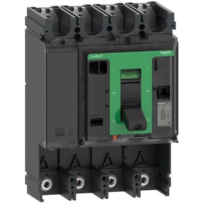 Schneider Electric 4-polet maksafbryder NSX630H grundenhed uden relæ, viser enheden forfra med grøn betjeningshåndtag i OFF position.