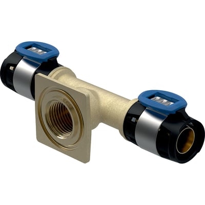 Geberit FlowFit tee-tilslutningsvinkel 90° i blyfri rødgods, viser 20 mm tilslutninger og ½" indvendigt gevind.