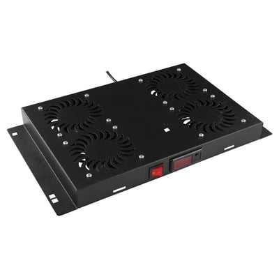 Sort Lanview-ventilatormodul med fire ventilatorer og digital termostatstyring, set skråt forfra med display og afbryder.