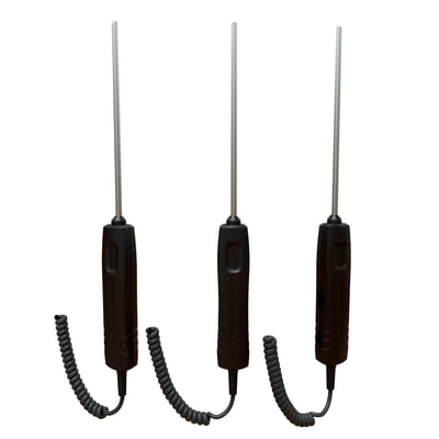 Tre Kimo SIP500HT neddykningsprober med sort håndtag og snoet kabel isoleret på hvid baggrund.