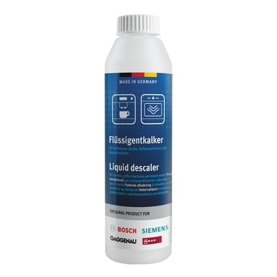 250 ml flydende afkalker i hvid plastflaske med blå etiket, produceret i Tyskland for Bosch, Siemens, Gaggenau og Neff.
