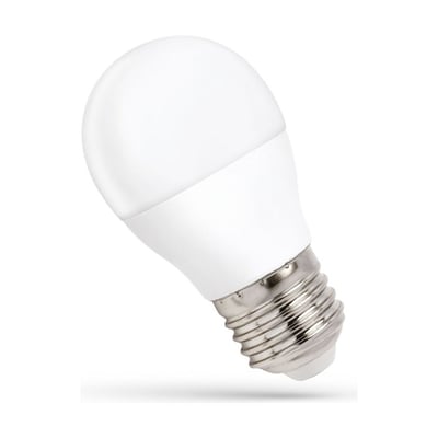 SpectrumLED E27 G45 LED-pære på 8 W med hvid, rund kuppel og synlig metalskruefatning.