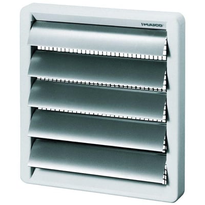 Maico Ventilatoren modtryksjalousi AS20, 260x260 mm, hvid ramme med lysegrå lameller og integreret insektnet for udvendig montage.