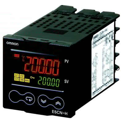 Omron E5CN-HQ2M-500 temperatur regulator med digitalt display viser 200.00 grader Celsius og 200.00 setpunkt.
