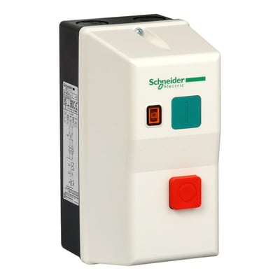 Schneider Electric TeSys LE motorstarter, 0,55kW, 380V, IP65, set fra siden med teknisk mærkat og knapper.