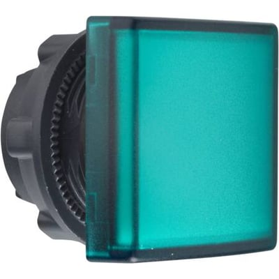 Schneider Electric Harmony Style 5 lampehoved med grøn firkantet linse til LED, fremstillet i plast og kompatibel med XB5-A serien.