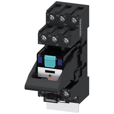 Siemens komplet stikbensrelæ PT3 med 3CO, 24VDC og LED indikator, set fra siden.