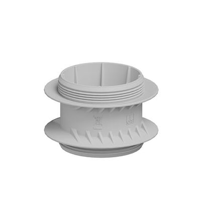 Spelsberg AK KS 24/36 kombigennemføring i grå, set skråt forfra med rund åbning, gevind og brede flanger.