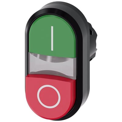 Siemens SIRIUS ACT dobbelt trykknap med grøn I-knap, rød 0-knap og sort hus, set skråt forfra.