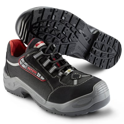 Sika Footwear Senex AL ESD S3 sikkerhedssko i sort med røde detaljer og grå sål, viser skoens overdel og sål.
