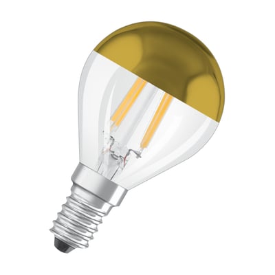 LEDvance LED-kronepære på 4 W med E14-fatning, gyldent topforspejl og synlige filamenter.