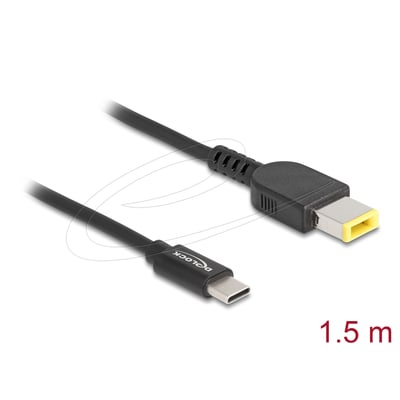 Sort DeLock-ladekabel til bærbar computer med USB-C-stik og gult Lenovo 11,0 x 4,5 mm-stik.