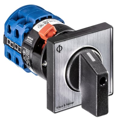 Kraus & Naimer stjerne-trekant omskifter, 25A, med 48x48mm frontmontering og sort drejehåndtag på hvid baggrund.