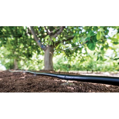 Sort IDIT PE-drypslange på 16 mm til vanding over jord, med synlige dråber der siver ud. Slangen ligger på jorden under grønne træer.