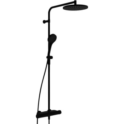 Oras Optima Style Rain bruserarmatur i mat sort, med rund hovedbruser og håndbruser samt termostatstyring.