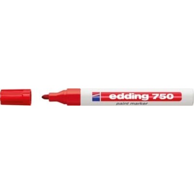 Nærbillede af Edding 750 paint marker i rød, viser den runde spids og dens skrivebredde på 2-4mm.