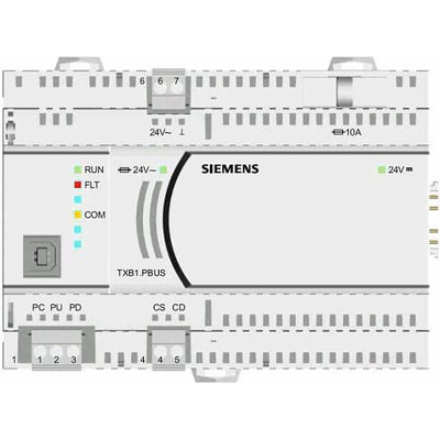 Siemens TKM2 brandtermostat med tydelige LED-indikatorer for RUN, FLT og COM samt tilslutningsterminaler til 24V strøm.