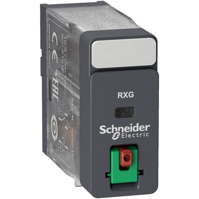 Schneider Electric Harmony RXG stikbensrelæ RXG11B7 med 1 C/O kontakt, 10A og 24 VAC forsyning samt indbygget testknap.
